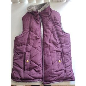 KC‎ Collections Reversible Puffer Vest Faux Fur Trim Plum Purple S